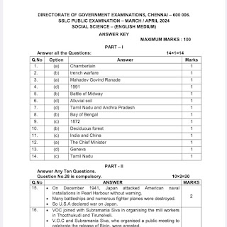 10th Social Science Public Examination 2024 - Official Answer Key Tamil Medium and English Medium 