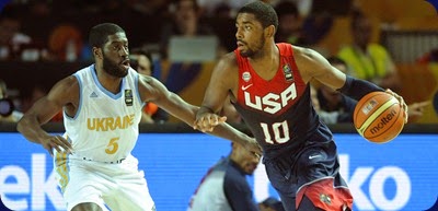 US guard Kyrie Irving (R) vies with Ukraine's guard Eugene "Pooh" Jeter (L) during the 2014 FIBA World basketball championships group C match Ukraine vs USA at the Bizkaia Arena in Bilbao on September 4, 2014.  AFP PHOTO / ANDER GILLENEA