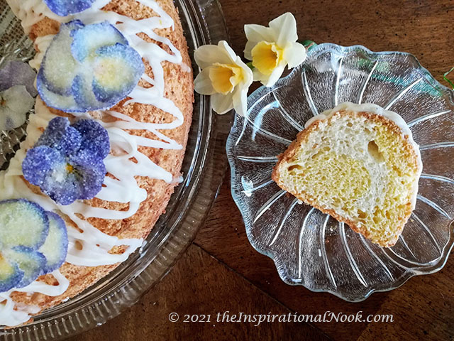Daffodil cake, old fashioned daffodil cake, orange daffodil cake, Cointreau daffodil cake, daffodil cake ideas, daffodil cake decorations, candied pansies
