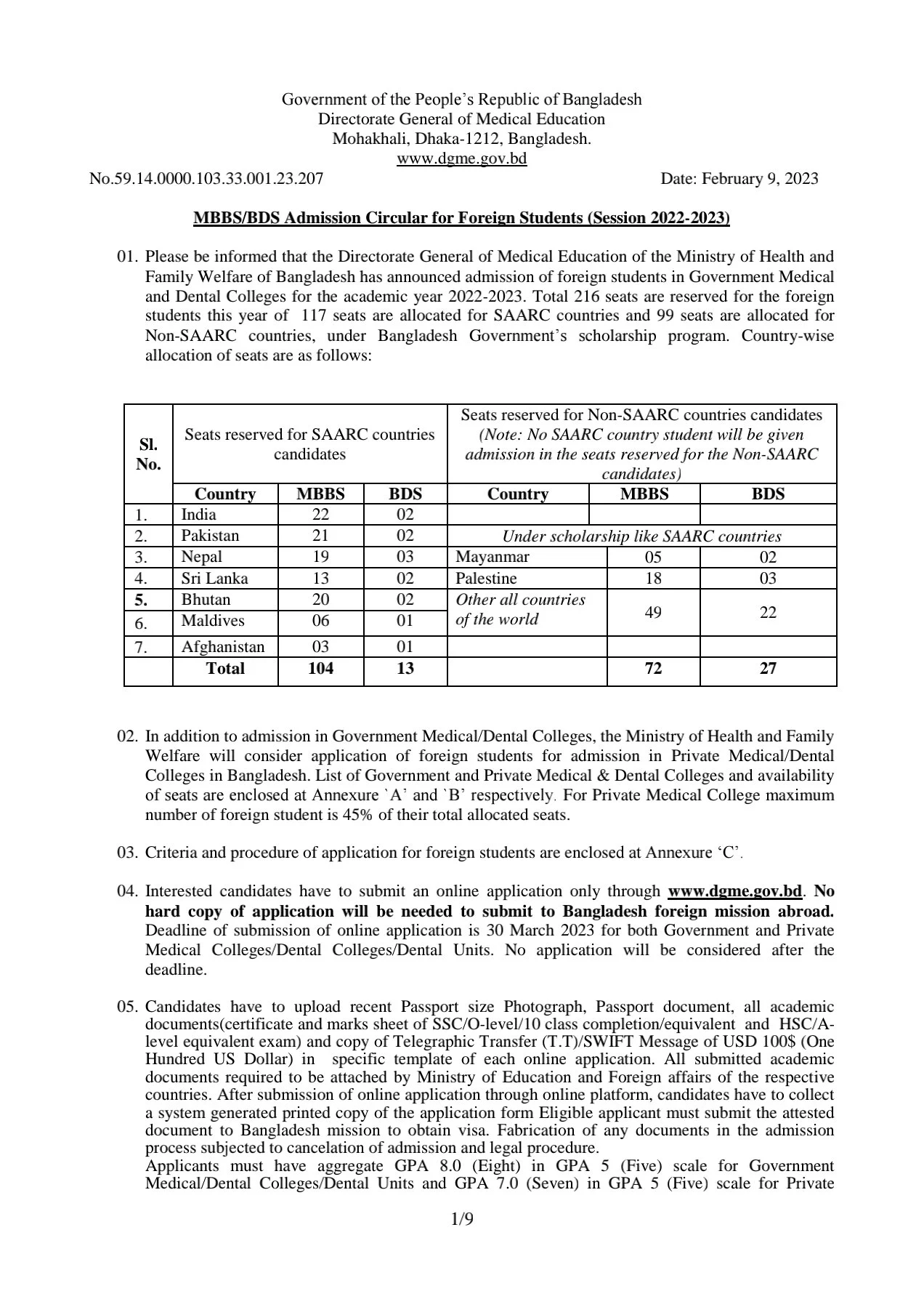 MBBS/BDS Admission Circular for Foreign Students 2022-2023 | MBBS Admission circular 2023 for Foreign