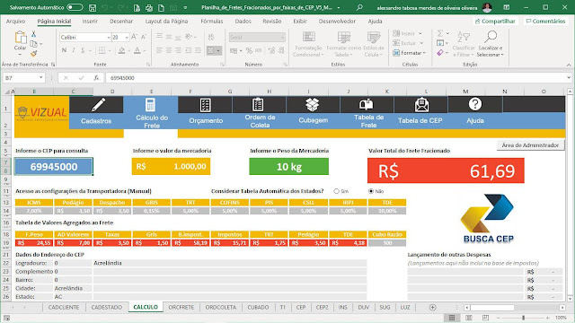 Planilha de Cálculo de Fretes Fracionados por Faixas de Cep em Excel