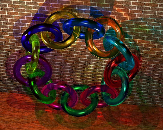A raytaced set of colored glass Moebius rings. Follow the color coding to see the twisting of the big ring.