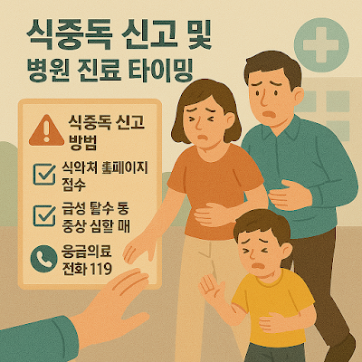 식중독 증상을 겪는 가족과 병원 가는 장면, 신고 방법과 진료 시점을 요약한 인포그래픽