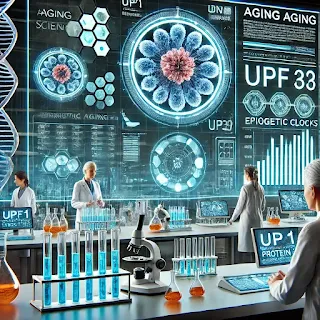 Scientists analyzing aging research with UPF1 and epigenetic clocks.