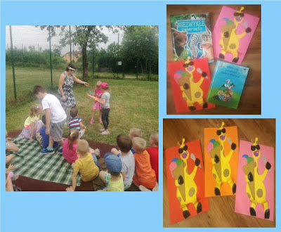 Niebieskie tło 2 zdjęcia 3 karty z żyrafą z lodami i 2 karty 2 książki 1 zdjęcie dzieci siedzące na kocach na trawie stojące 2 dziewczynki i pani w tle drzewa