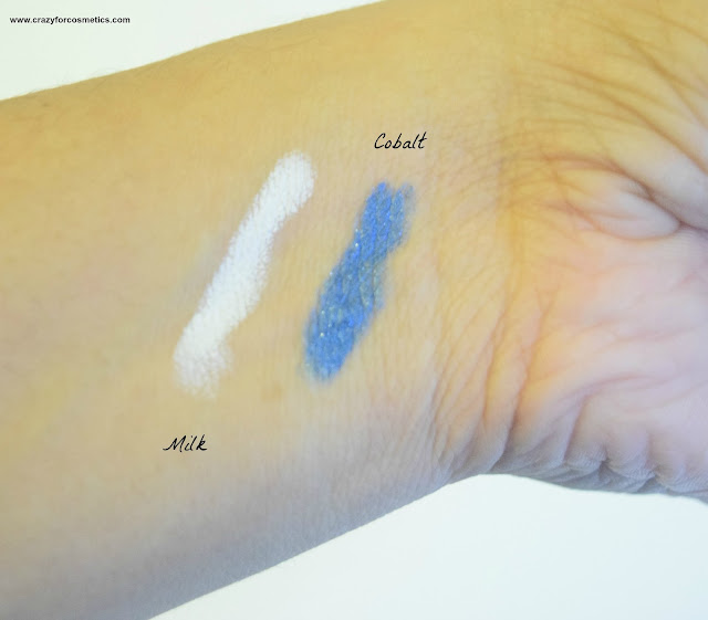 NYX Jumbo Eye Pencils in Cobalt & Milk swatches under flash