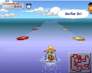 16 Bit water skying lady where blue  swimwear in blue water with the track being kind of like water version of mario cart to me