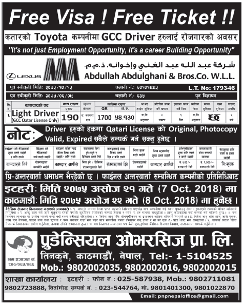 Free Visa Free Ticket Jobs in Qatar for Nepali, Salary Rs 54,130