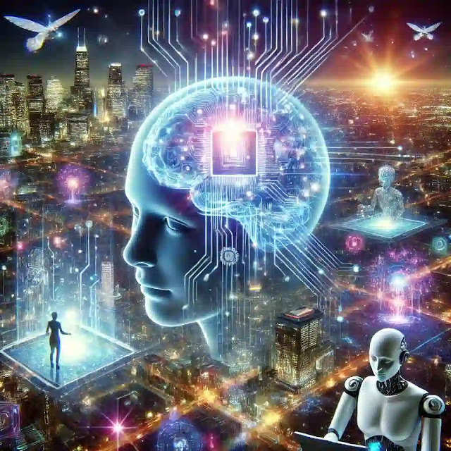 Ilustrasi futuristik tentang kecerdasan buatan (AI) yang menggambarkan jaringan otak digital bercahaya di tengah kota futuristik dengan elemen manusia dan robot berinteraksi
