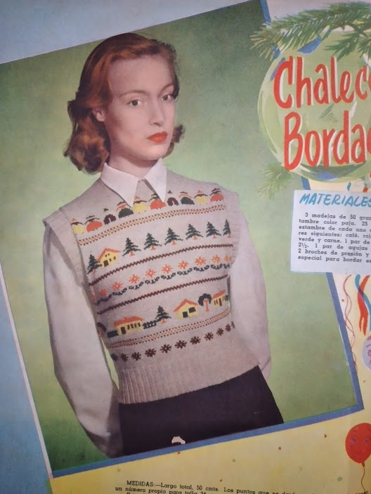 Blusa de tricô com motivos natalinos. Revista La Familia, 1st Dezembro de 1952