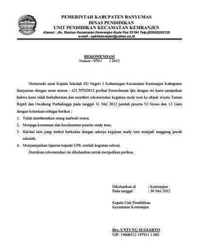 Contoh Surat Rekomendasi Kegiatan Sekolah Perihal Study 