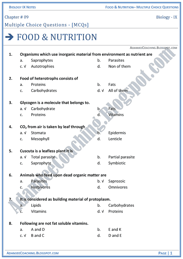 food-and-nutrition-multiple-choice-questions-biology-notes-for-class-9th