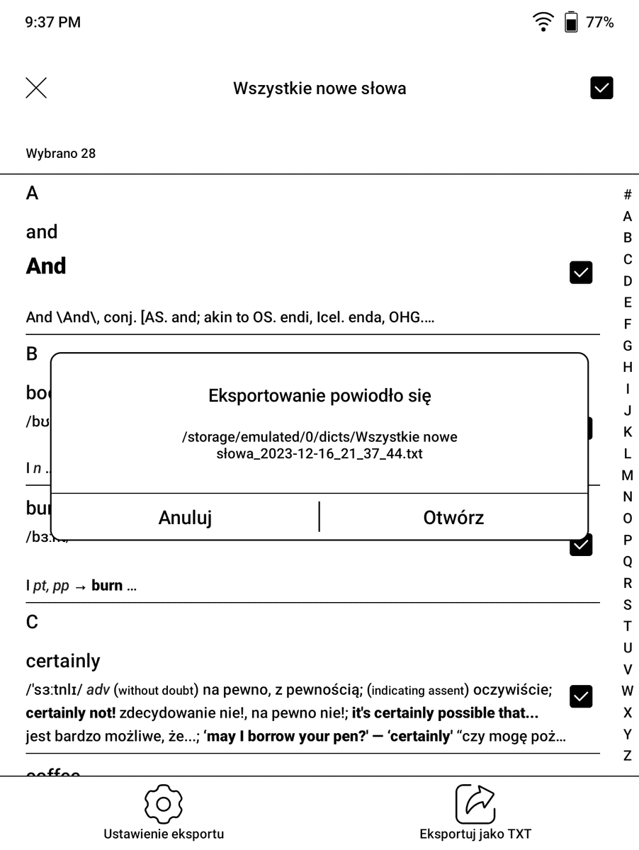 Onyx Boox Page – okno dialogowe po wyeksportowaniu listy słówek z tłumaczeniami w Vocabulary Builder do pliku TXT