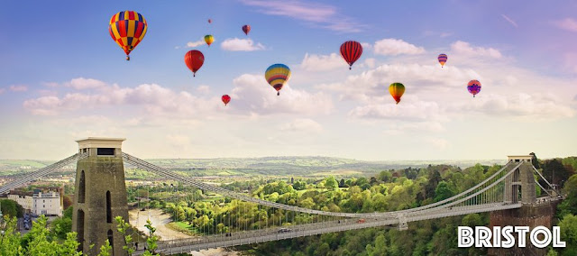 Hot air balloons flying over clifton suspension bridge