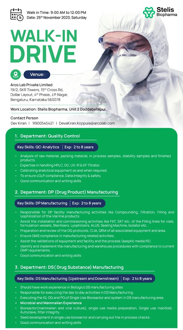 Stelis BioPharma | Walk-in interview for DP/DS Manufacturing & QC on 25th Nov 2023