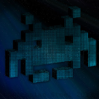 A space invader character, revamped with shiny textures and a colourful spacey background