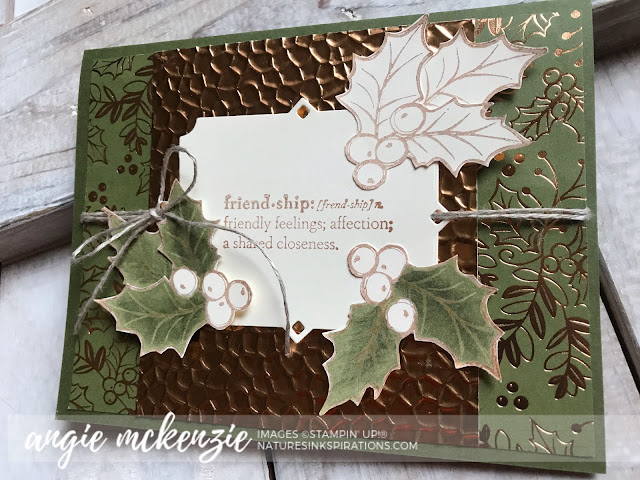 By Angie McKenzie for JOSTTT011 Design Team Inspirations; Click READ or VISIT to go to my blog for details! Featuring the Christmas Gleaming and Praiseworthy Prose Stamp Sets and the Peaceful Bough Dies; #handmadecards #wintercards #holly #copper #brightlygleamingdsp #christmasmasgleamingstampset #praiseworthyprosestampset #peacefulboughdies #josttt011 #cardtechniques