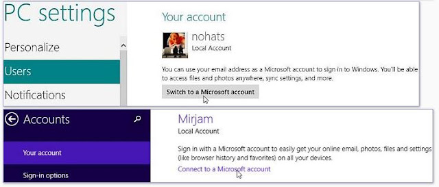 Windows 8, paramètres PC, Utilisateurs. Pour convertir votre compte local en compte Microsoft, cliquez sur «Passer à un compte Microsoft».