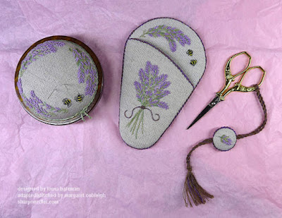 Embroidered Lavender and Bees Scissors Keeper and matchin Pincushion along with scissors and fob