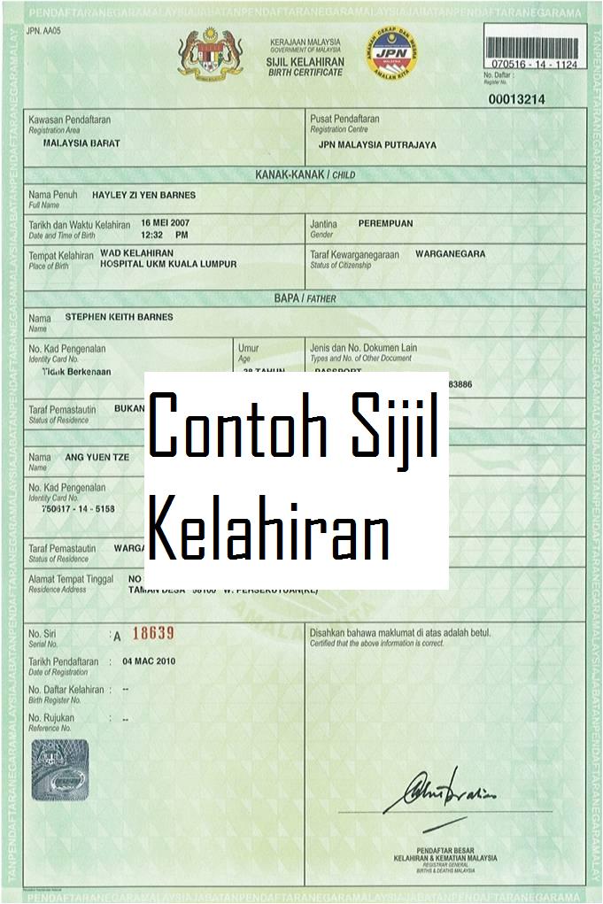 Contoh No Sijil Lahir Pada Surat Beranak