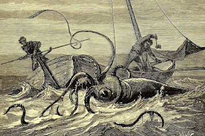 black and white engraving of two men on a small boat at sea with an octopus-esque creature emerging from the sea, attacking the boat