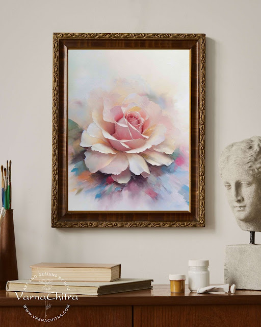 Elagant floral painting rose flower thick impasto oilpainting style digital painting wall art in subdued colors large size high quality printable limited copies by Biju P Mathew, Varnachitra