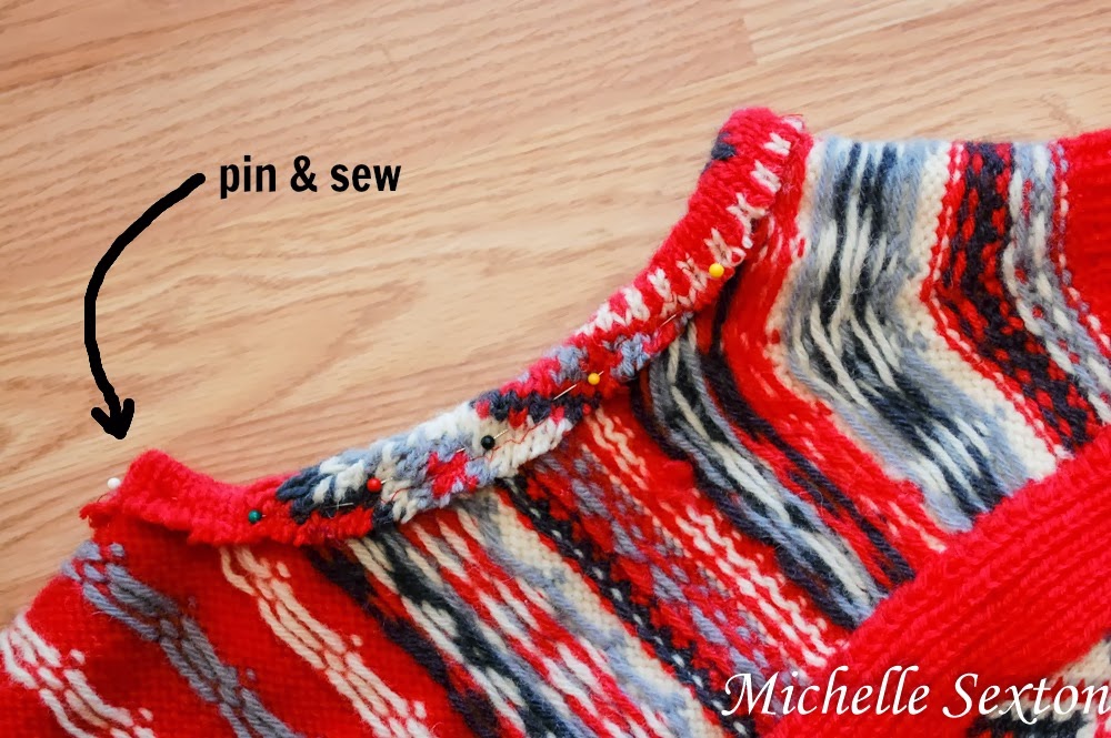 pin and sew the raw edges - upcycle a sweater!