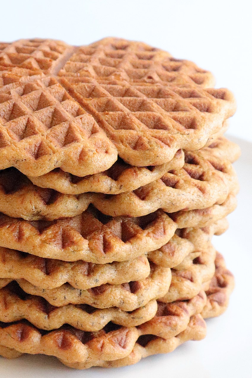 Stack on banana protein waffles seen up close