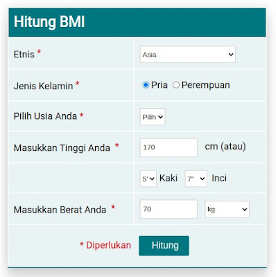 Contoh tampilan kalkulator BMI (Indeks Massa Tubuh)