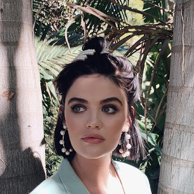 Lucy Hale glam party hairstyle pearl hair