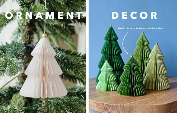 dual photo of honeycomb white paper tree ornament and display of five green paper trees