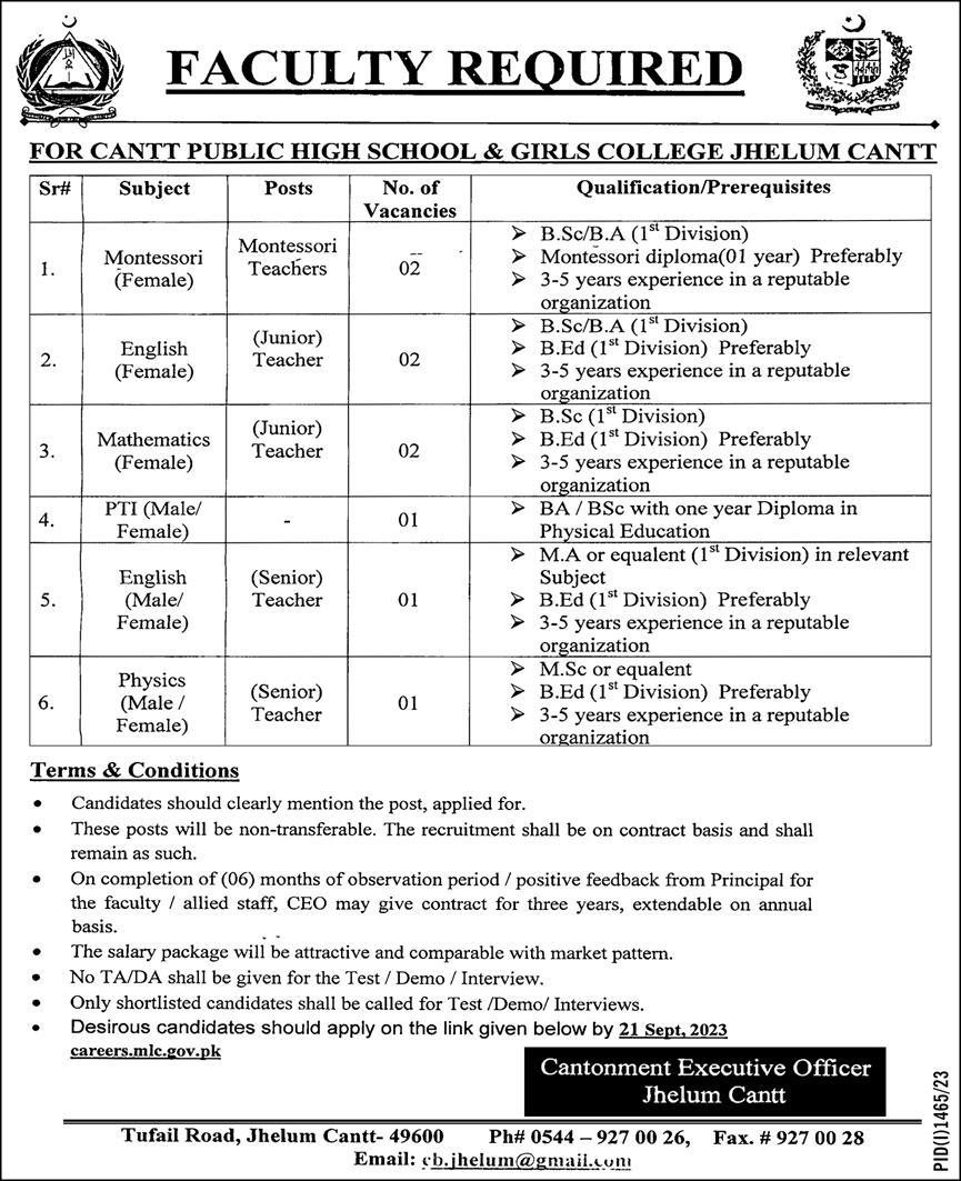 Jobs in Cantt Public High School and Girls College