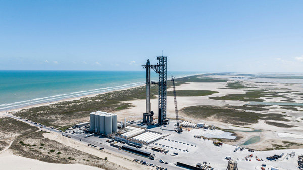 Starship Super Heavy stands tall on the pad at Starbase in Texas...as of September 5, 2023.