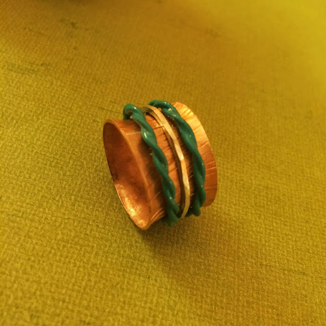 Copper Spinner ring with blue twisted wire spinners