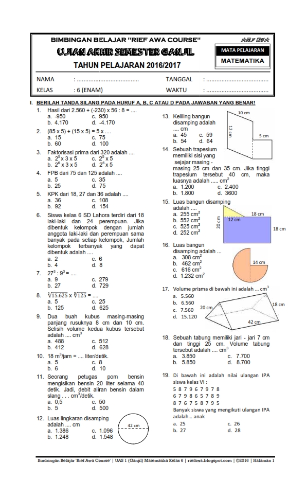 Download Soal Ukk Uas Genap Matematika Kelas 5 Sd Mi Semester 2