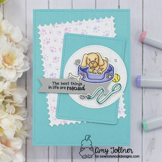 The best things in life are rescued by Amy features Welcome New Dog, Petite Paw Prints, Frames and Flags, Circle Frames, and Framework by Newton's Nook Designs; #inkypaws, #newtonsnook, #dogcards, #cardmaking, #petcards