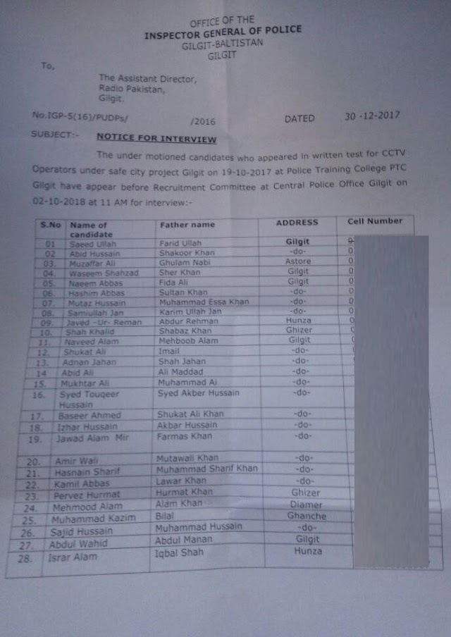 Office of Inspector General Police  Gilgit-Baltistan Announced interview Schedule