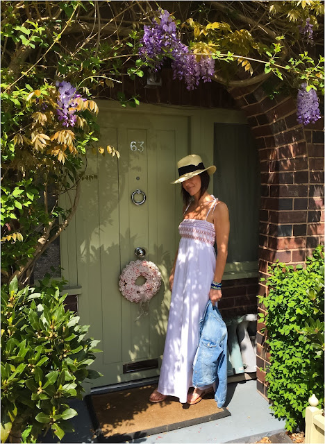 My Midlife Fashion, Hush Homewear Mandalay maxi dress, h and m straw panama hat, zara denim jacket, lotus shoes sparkly flats