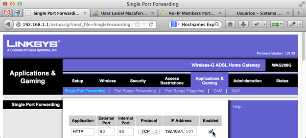 Linksys WAG200G Single Port Forwarding configuration