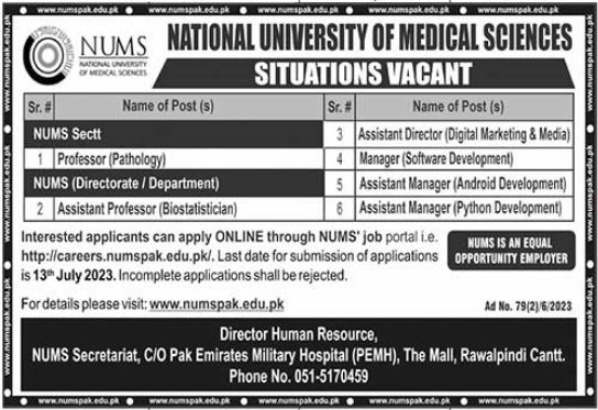 Jobs in National University Of Medical Sciences NUMS