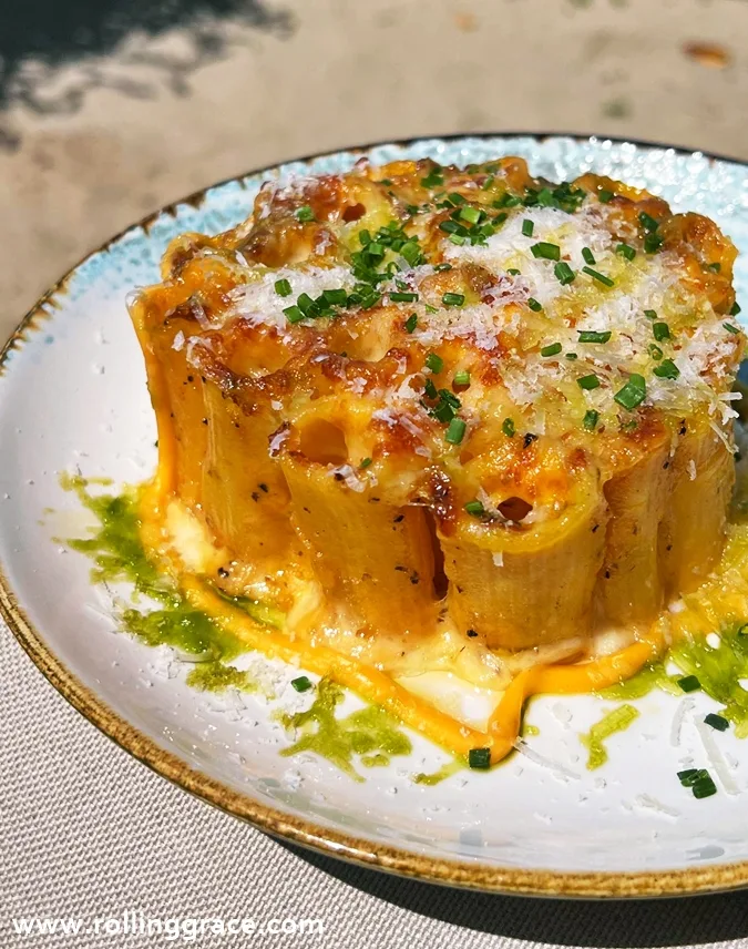 Aged Cheddar Mac and Cheese at +Twelve, creamy baked pasta dish