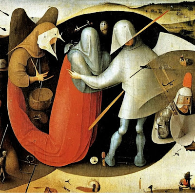 Im Stil von H. Bosch generiertes Gemälde zeigt drei gesichtsverhülle, mittelalterliche Gestalten.