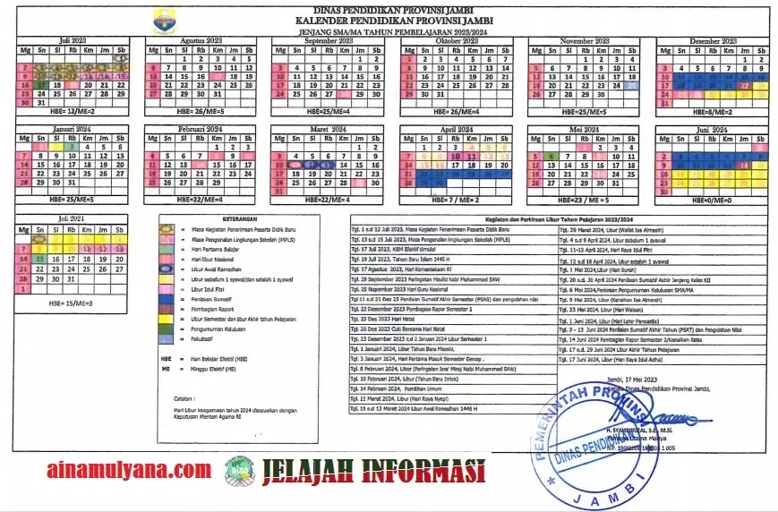 Kalender Pendidikan TK PAUD SD SMP SMA SMK Provinsi Jambi Tahun Pelajaran 2023/2024