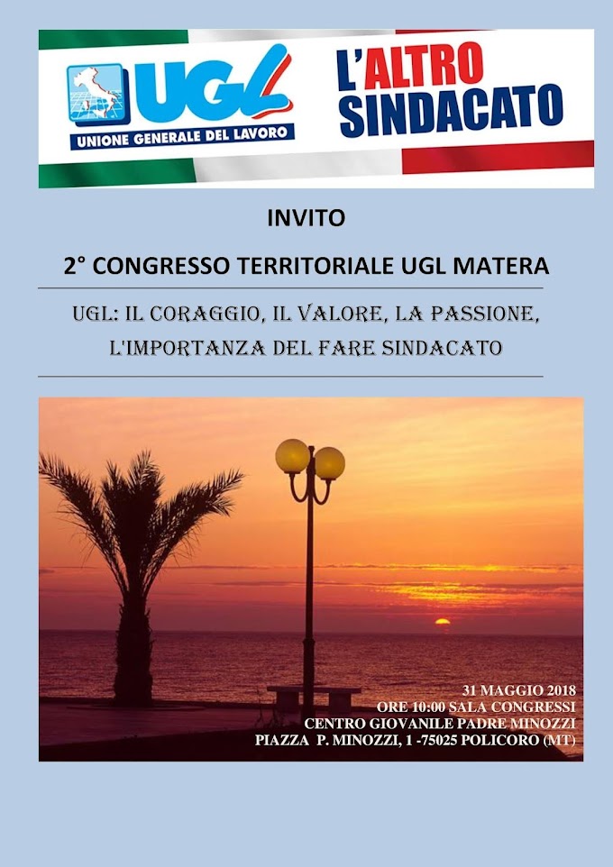 Ugl Matera: giovedì, 2° Congresso territoriale
