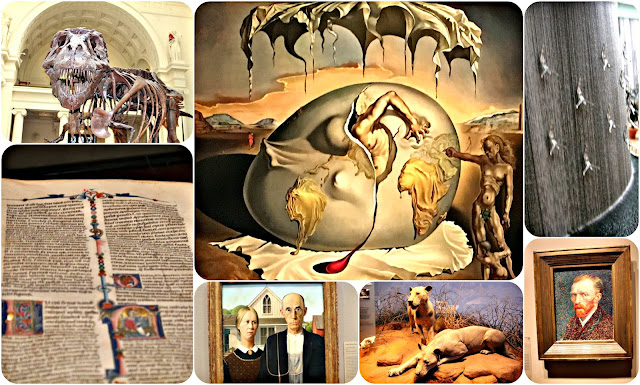 World art from the Book of Kells, Salvidor Dali, Van Gough, Lions of Tsavo, Dubai Waterfall Swimmers, and a T-Rex 