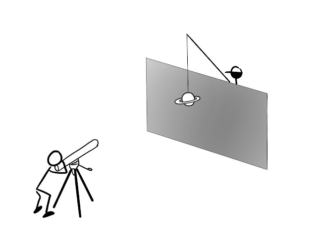 Stickman observing a fake Saturn with telescope