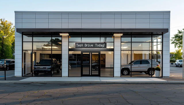 auto dealership shop with a programmable LED sign that says Test Drive Today in white LEDs