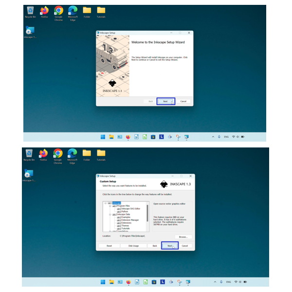 The top image displays the cursor clicking the "Next" button in the bottom right of the "Inkscape Setup" window. The bottom image displays the cursor clicking the "Next" button in the bottom right of the "Inkscape Setup" window.