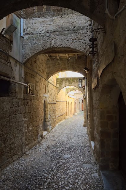 Still beautiful empty streets inside the old medieval city in Rhodes, Greece