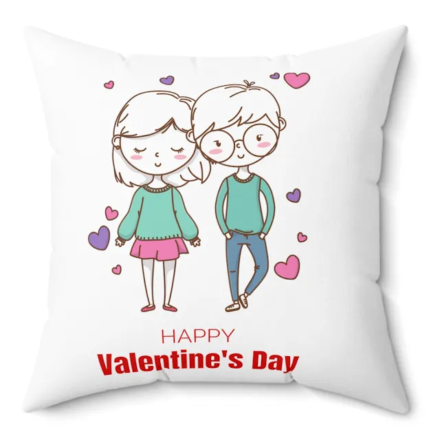 Spun Polyester Square Valentine Pillow With Couple and Hearts and Happy Valentine's Day Text